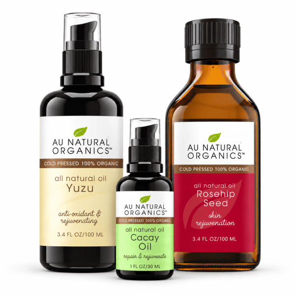 Au Natural Organics Face Oil Kit with Yuzu 100ml, Cacay Oil 30ml and Rosehip Seed Oil 100ml on white