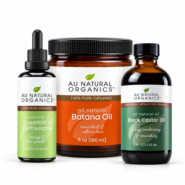 Au Natural Organics Hair Oil Kit with Rosemary Verbenone 50ml, Batana Oil 180ml and Black Castor Oil 120ml on white