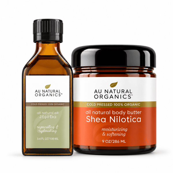 Au Natural Organics Moisture Kit with Jojoba Oil 100ml and Shea Nilotica Butter 9oz on white