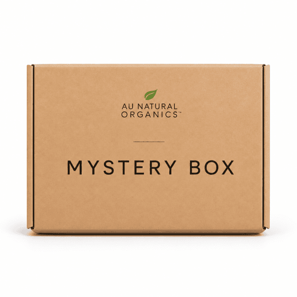 Au Natural Organics Mystery Box closed kraft box on white