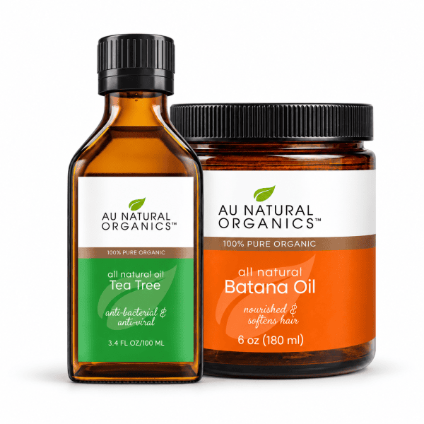 Au Natural Organics Scalp Care Kit with Tea Tree Oil 100ml and Batana Oil 180ml on white