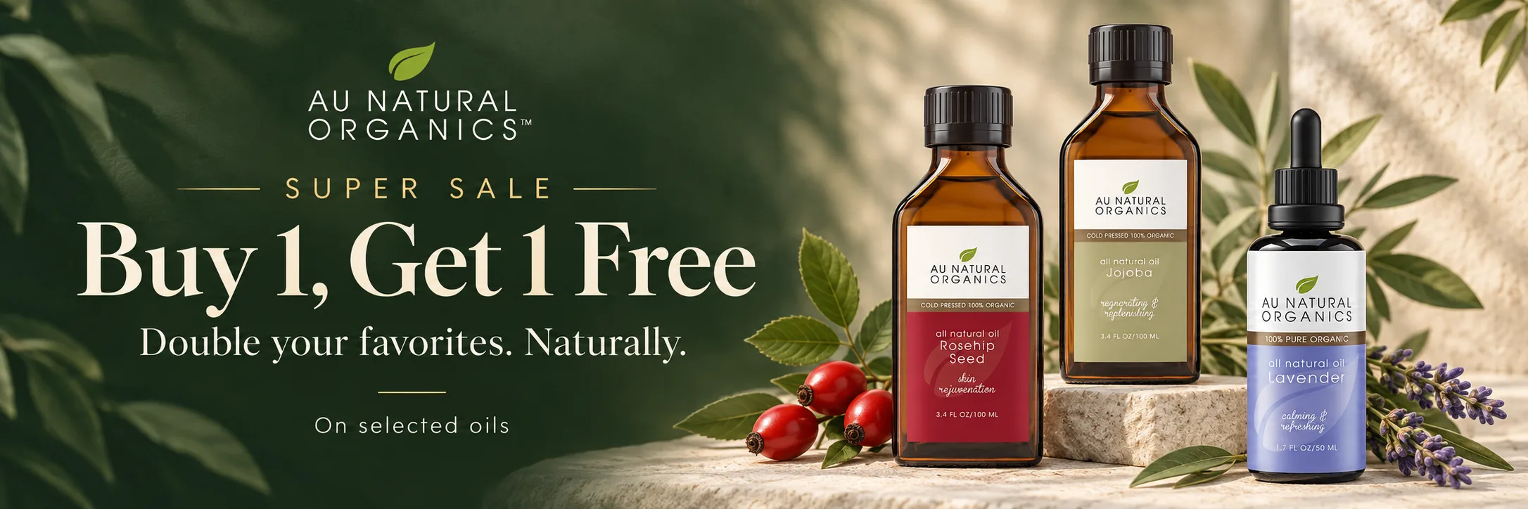 Buy 1 Get 1 Free sale on essential oils and carrier oils at Au Natural Organics