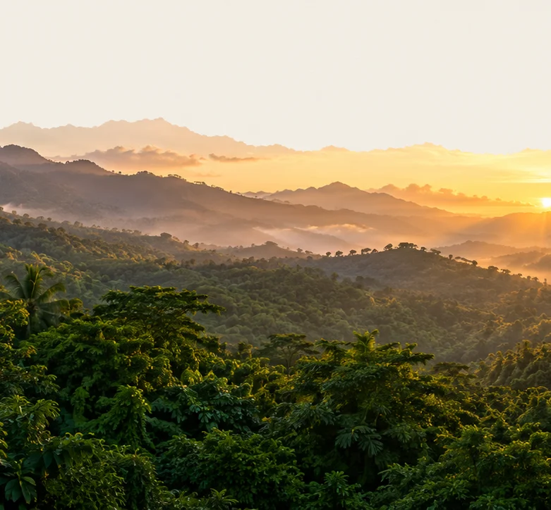 Sunrise over forested hills and palm trees