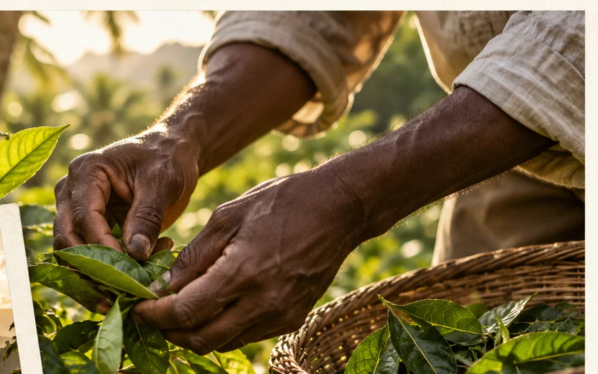 Hands picking leaves into a woven basket on a forested hillside