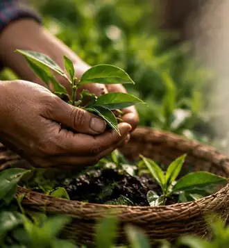 Hands holding a young plant over a woven basket of soil