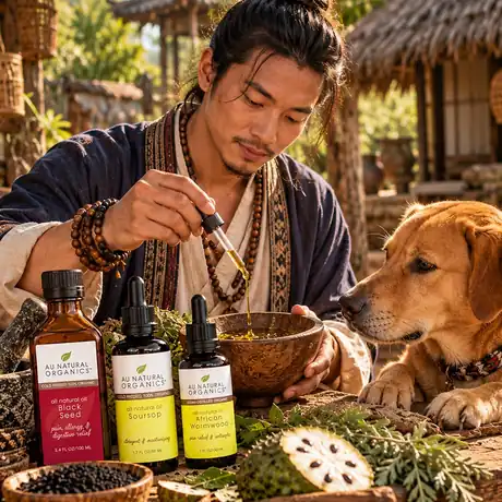 Black Seed, Soursop and African Wormwood oil bottles with botanicals