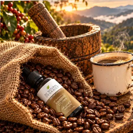 Roasted Coffee Oil bottle with roasted coffee beans