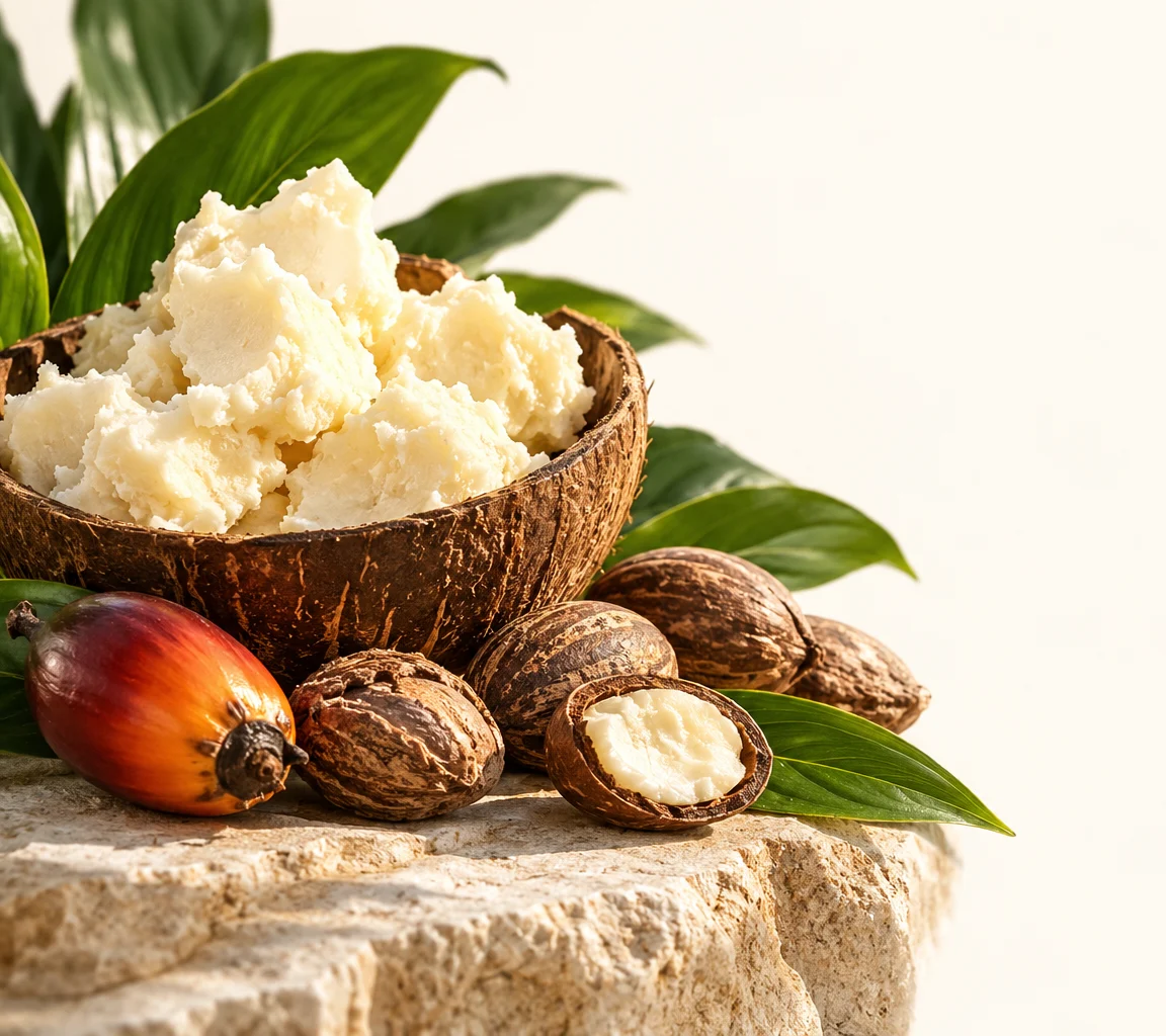 A bowl of butter beside cracked kernels and palm fruit on stone