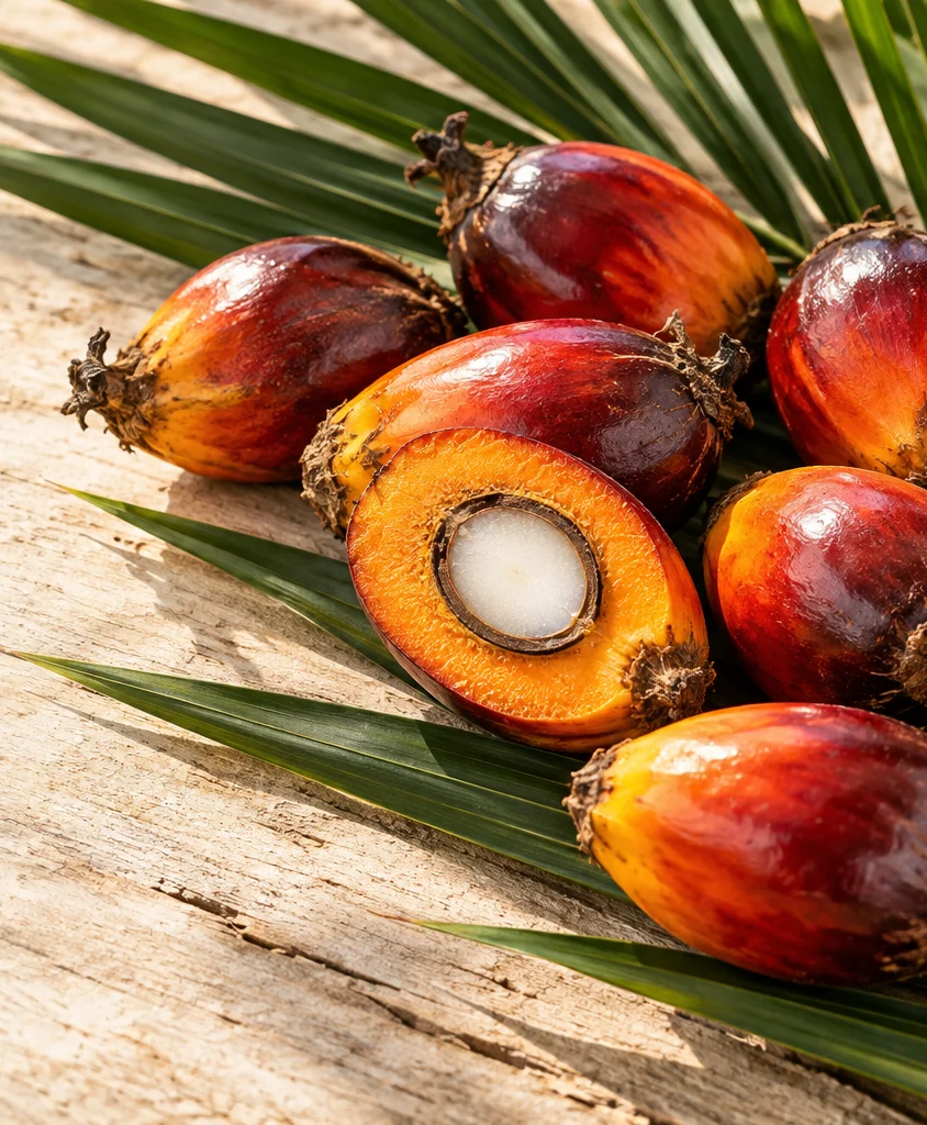 Ripe American oil palm fruit, one halved, on palm leaves
