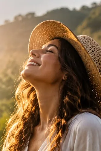 Woman in a straw hat smiling up at the morning sun on a green hillside