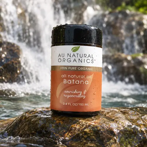 Au Natural Organics Batana Oil jar on a wet rock in front of a waterfall