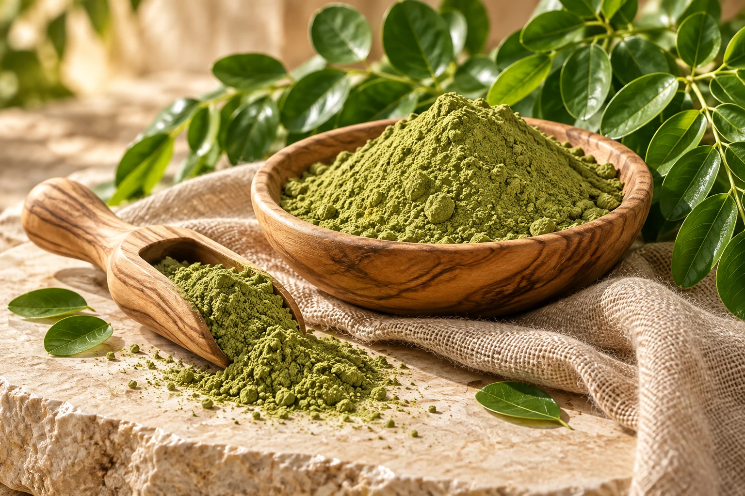 Green botanical powder in a wooden bowl with a scoop and fresh leaves
