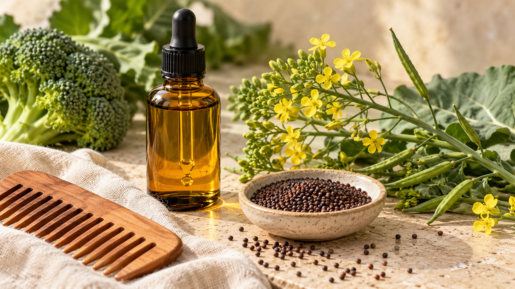 Amber oil bottle beside broccoli seeds, yellow flowers, seed pods and a wooden hair comb.