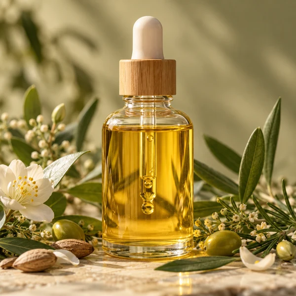 Golden botanical carrier oil in a clear glass bottle