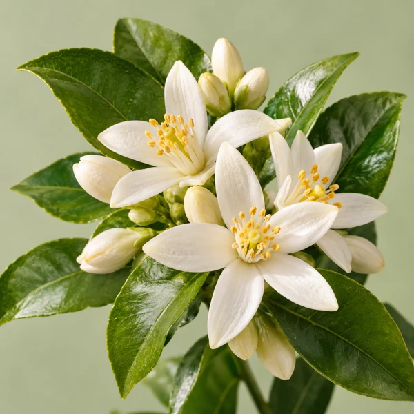 White botanical flowers and green citrus leaves