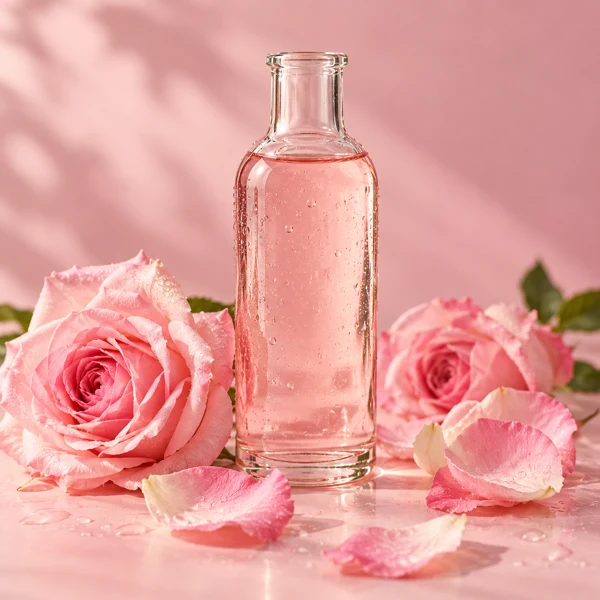 Rose hydrosol in clear glass with pink roses