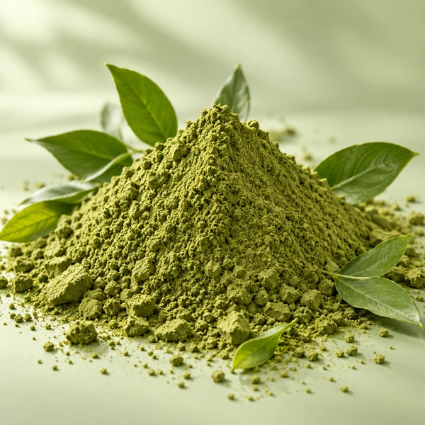 Green botanical powder and fresh leaves