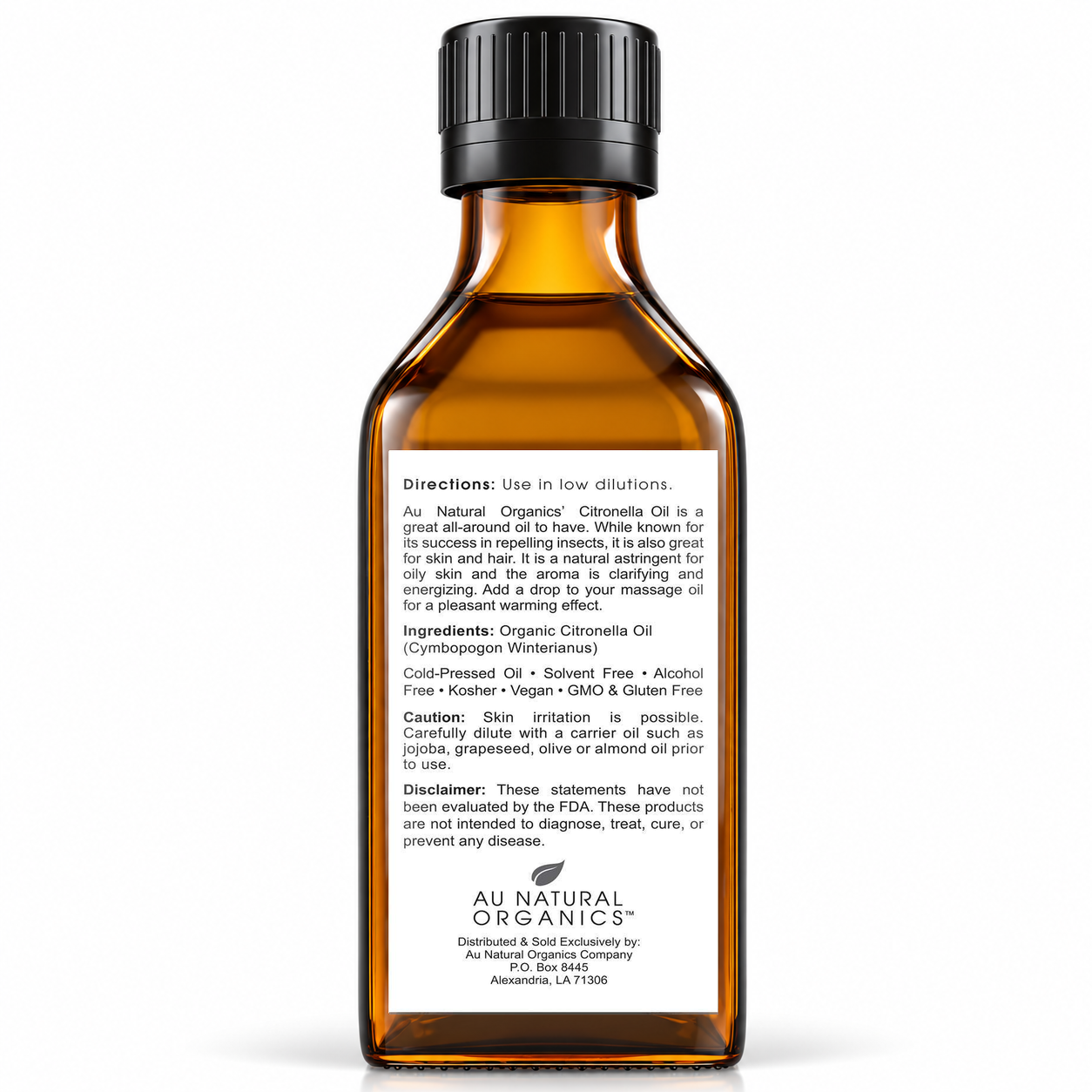 Au Natural Organics Citronella Essential Oil, back label