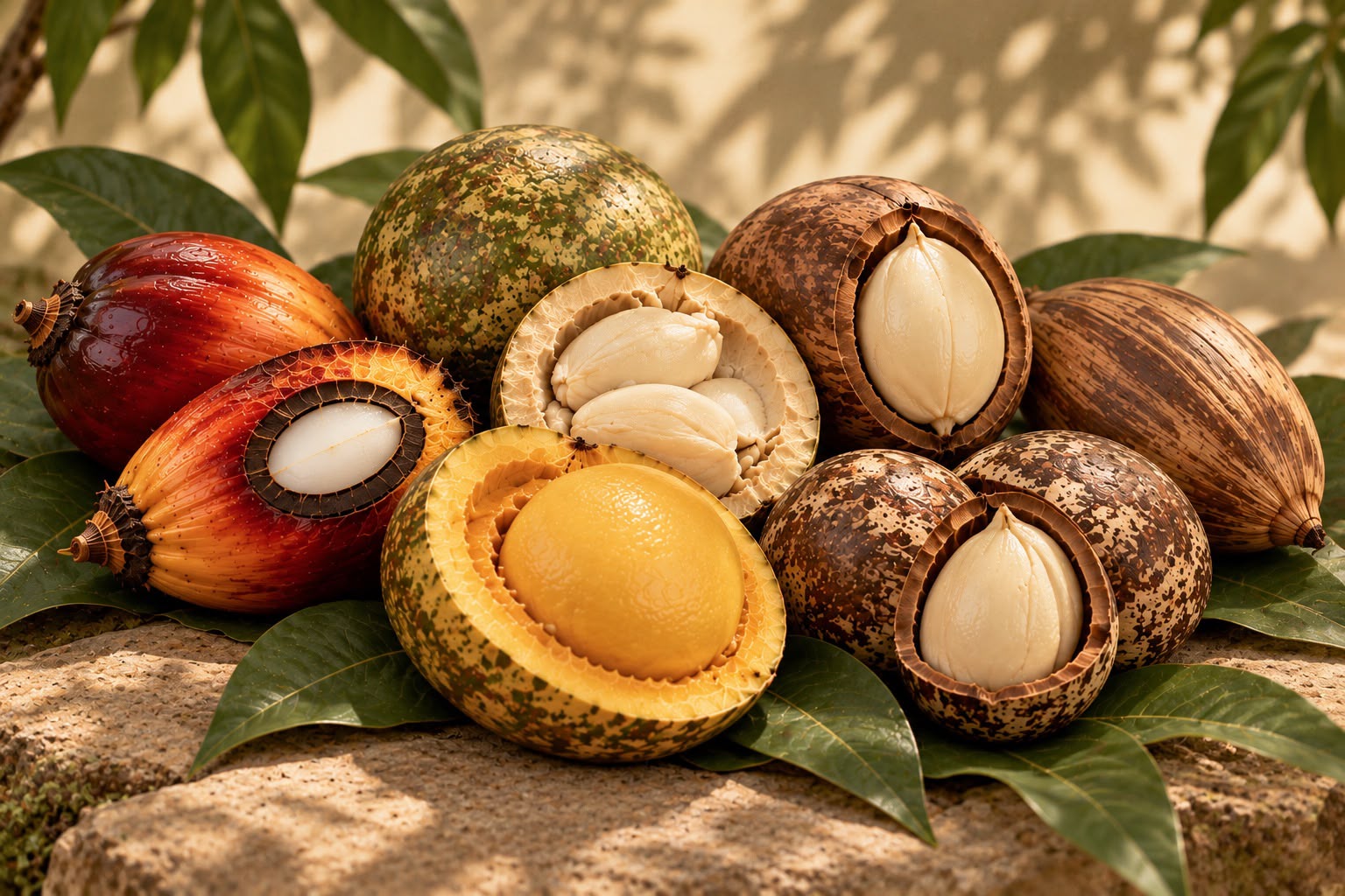 Tropical botanical fruits and seeds including palm, shea and pequi on warm stone