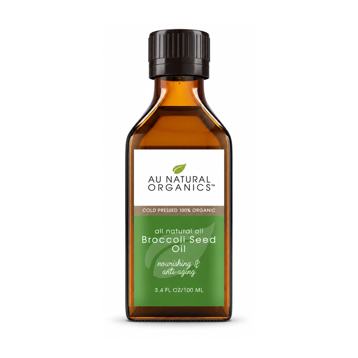 Au Natural Organics Broccoli Seed Oil 100ml amber bottle on white