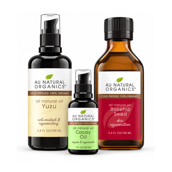 Au Natural Organics Face Oil Kit with Yuzu 100ml, Cacay Oil 30ml and Rosehip Seed Oil 100ml on white