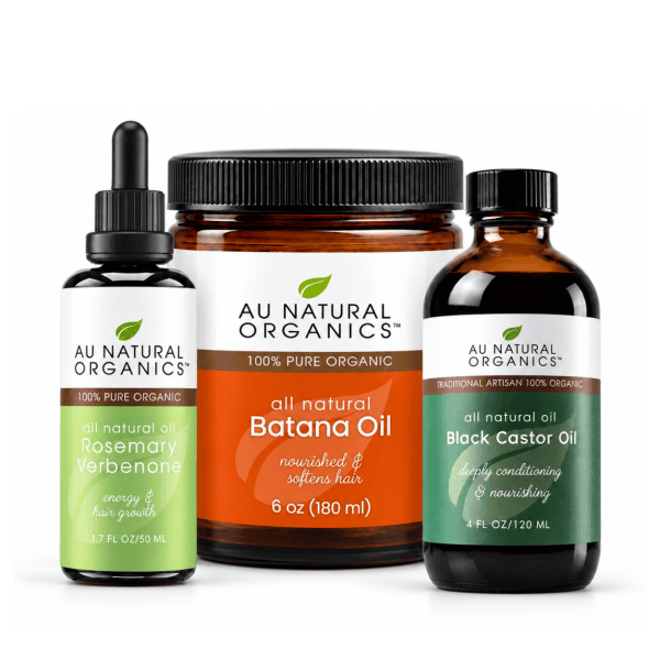 Au Natural Organics Hair Oil Kit with Rosemary Verbenone 50ml, Batana Oil 180ml and Black Castor Oil 120ml on white