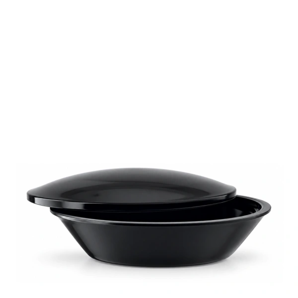 Miron violet glass charging bowl with partially lifted lid on white