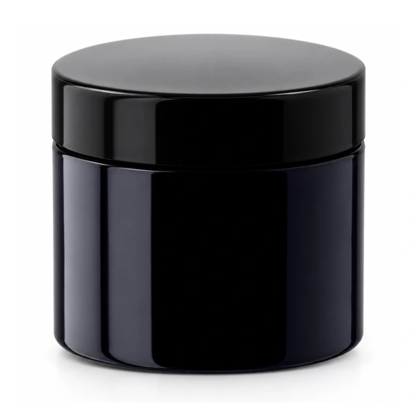 Miron violet glass cosmetic jar with black lid on white