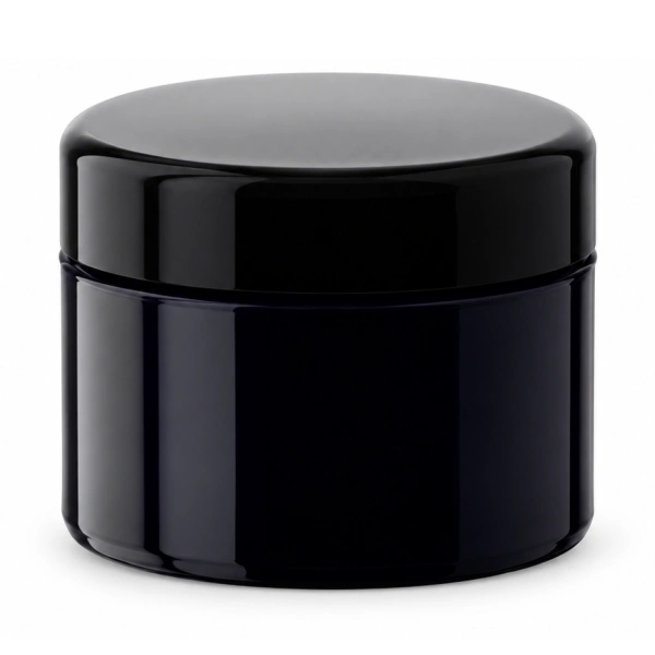 Miron violet glass cosmetic jar with black lid on white