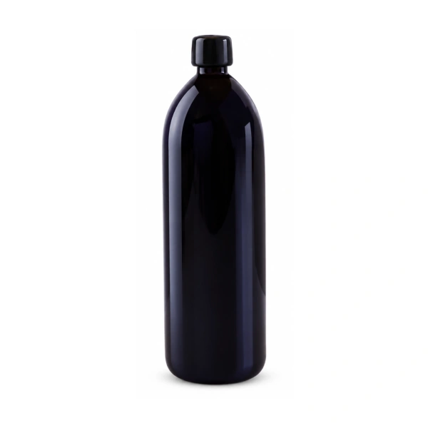 Miron violet glass one-liter water bottle with black cap on white