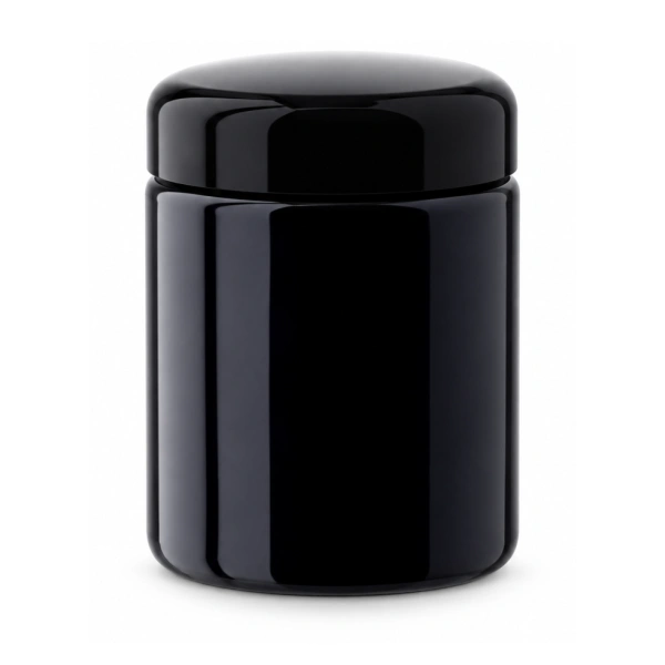 Miron violet glass wide neck jar 250ml with black lid on white