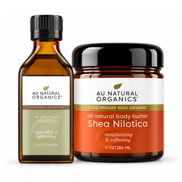 Au Natural Organics Moisture Kit with Jojoba Oil 100ml and Shea Nilotica Butter 9oz on white