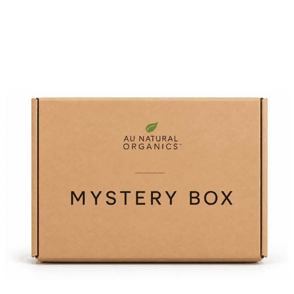 Au Natural Organics Mystery Box closed kraft box on white