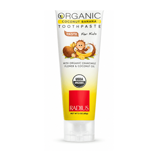 Radius Coconut Banana organic kids toothpaste 3oz tube on white
