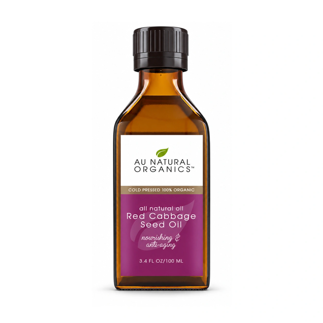 Au Natural Organics Red Cabbage Seed Oil 100ml amber bottle on white