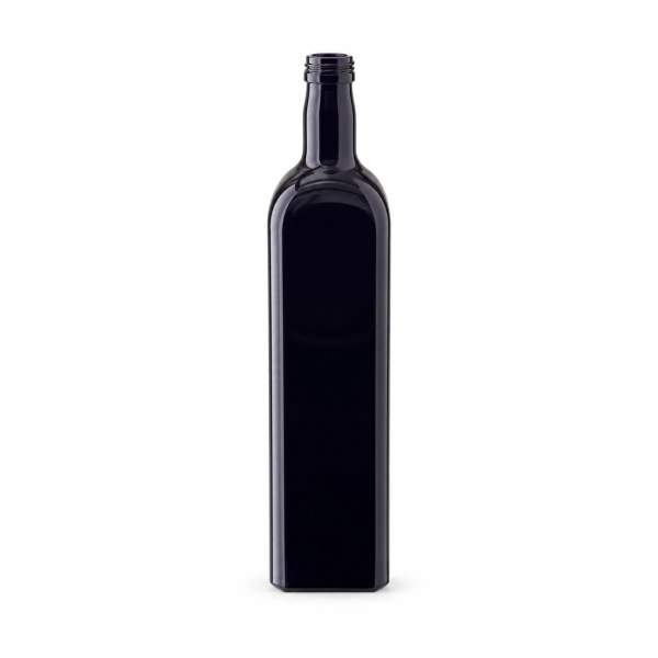 Unlabelled square Miron violet glass bottle 1liter on white