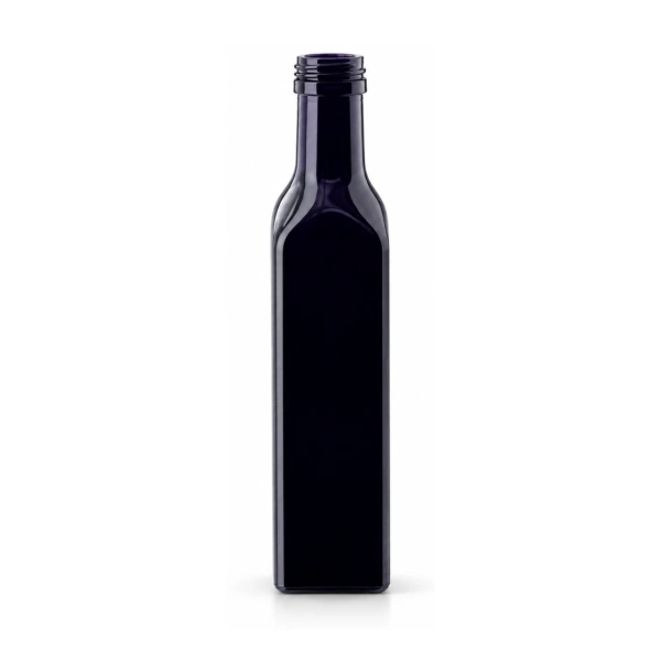 Unlabelled square Miron violet glass bottle 250ml on white