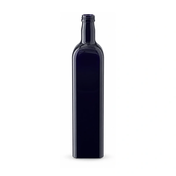 Unlabelled square Miron violet glass bottle 500ml on white
