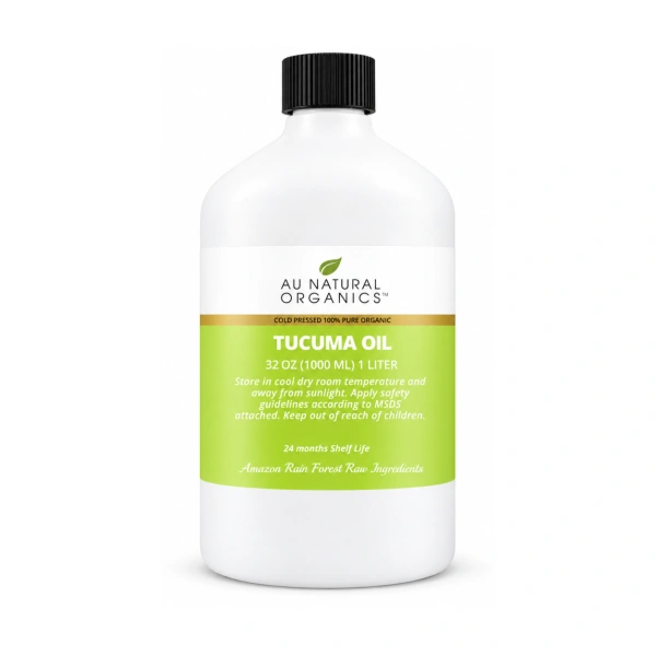 Au Natural Organics tucuma oil 1 liter white bottle on white