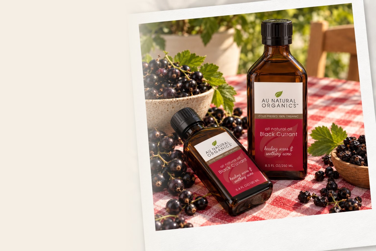 Au Natural Organics 9 Black Currant Seed Oil bottles with fresh black currants