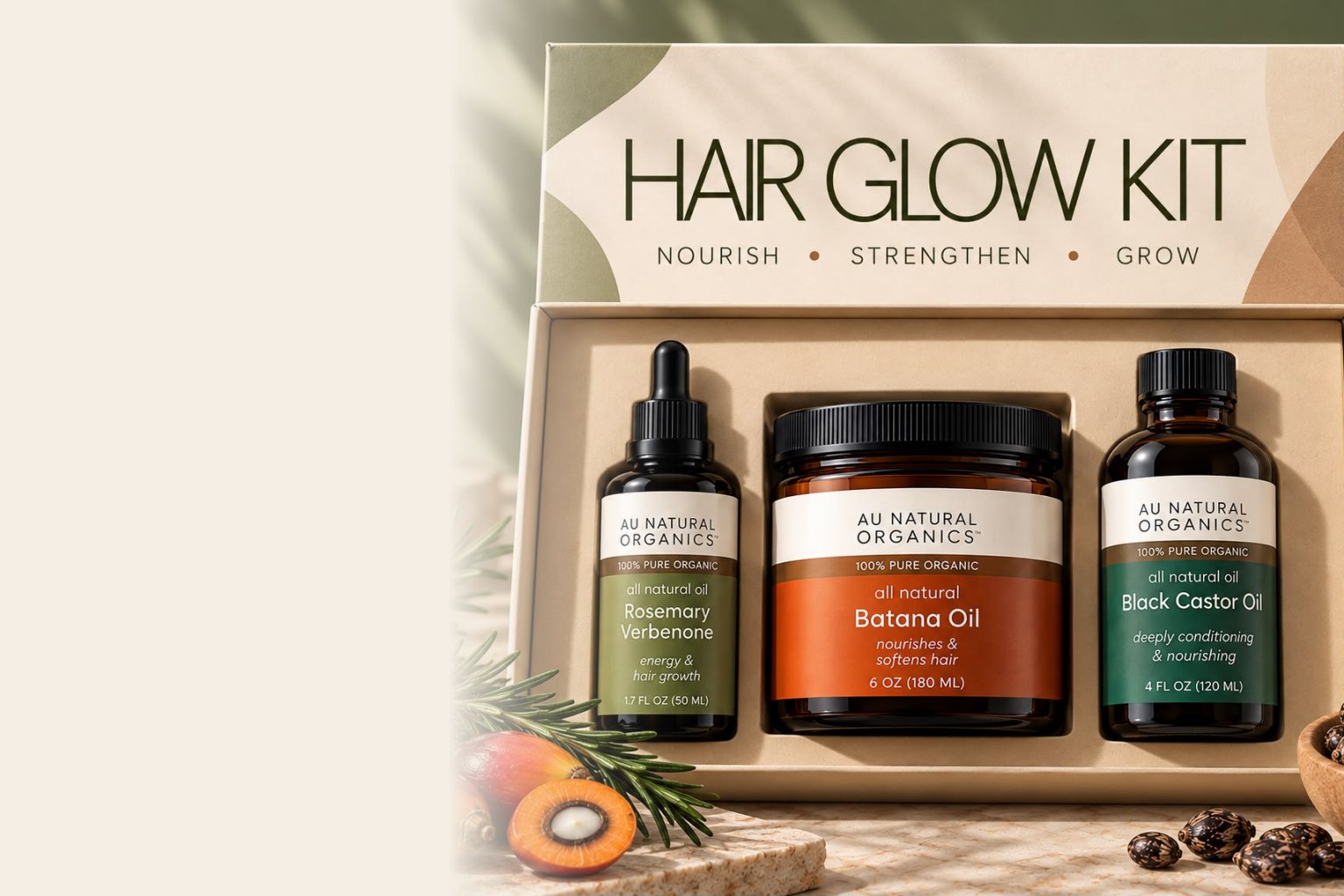 Au Natural Organics 10 Hair Glow Kit gift box with Rosemary Verbenone, Batana and Black Castor oils
