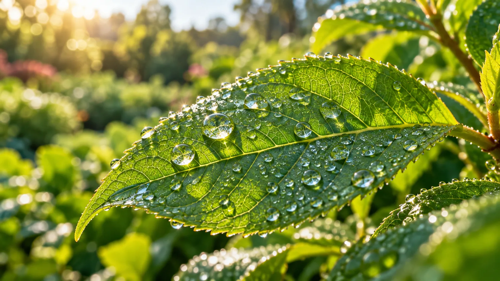 Water droplets on a green leaf in morning light