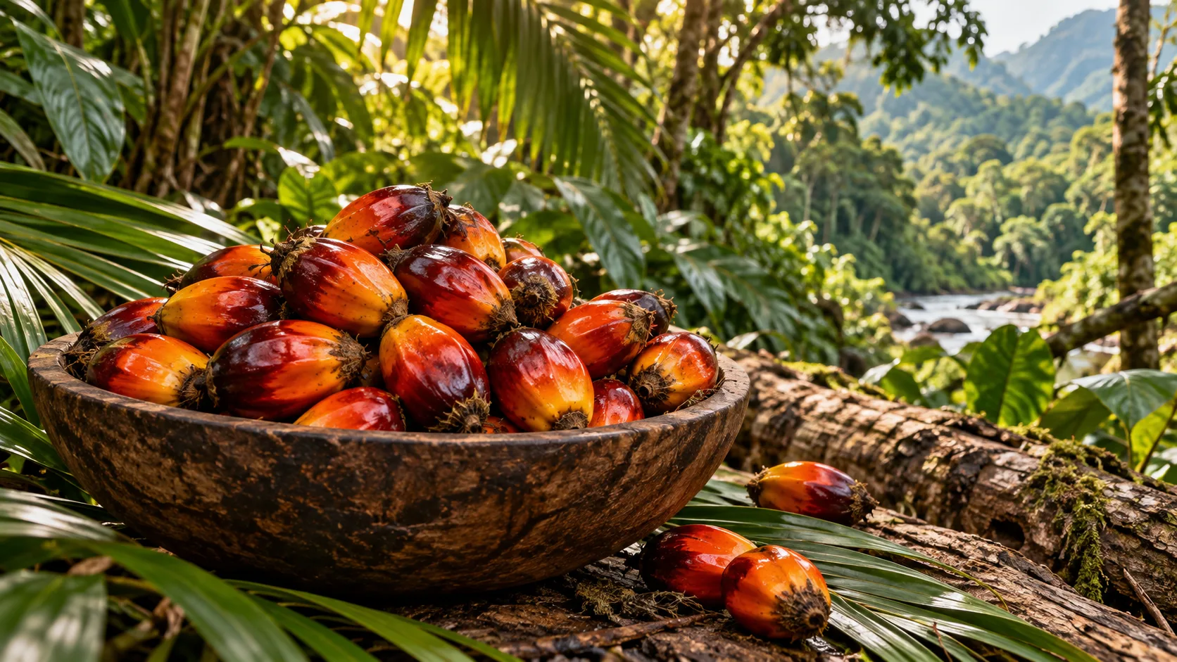 Oil palm fruit in a wooden bowl on a log in a tropical forest