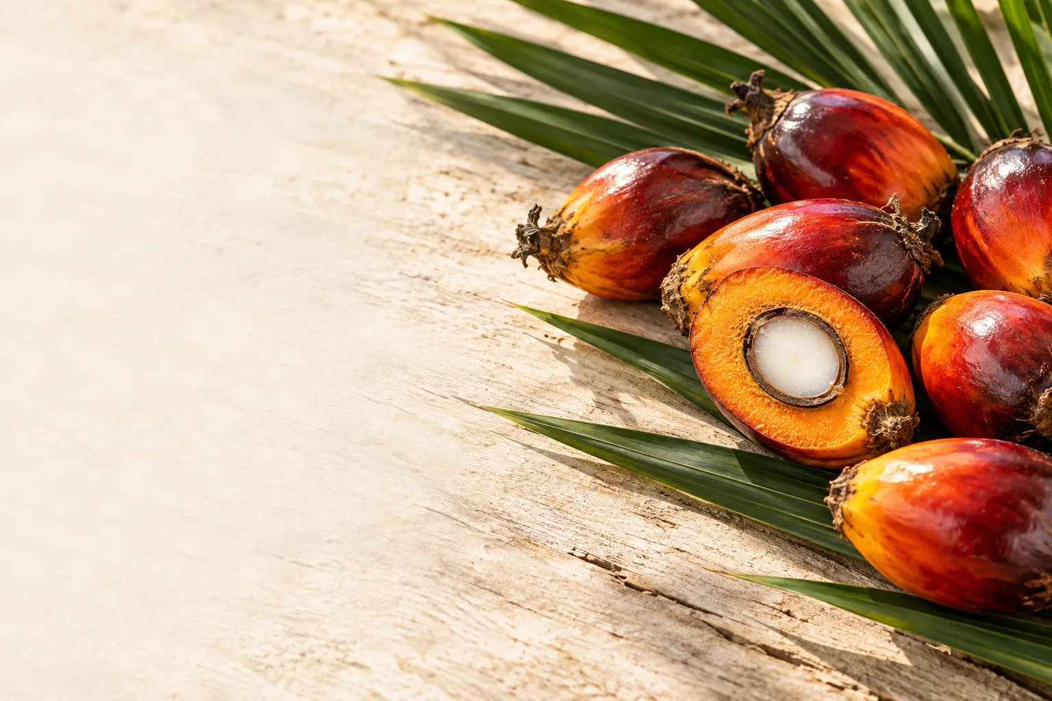 Ripe red-orange oil palm fruit, one halved, on palm leaves
