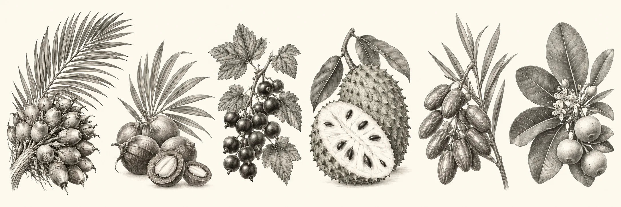 Pencil illustrations of palm fruit, black currant, soursop, dates and other botanical ingredients