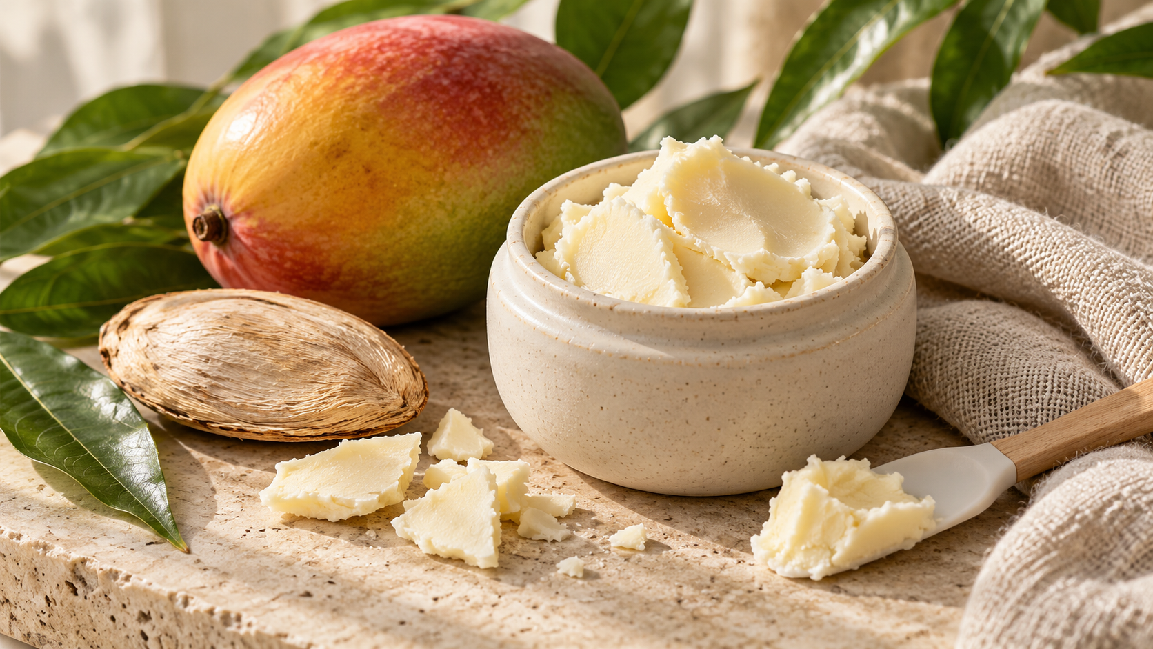 Ivory mango butter in an open ceramic jar beside a mango, seed and spatula.