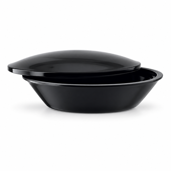 Miron violet glass charging bowl with partially lifted lid on white