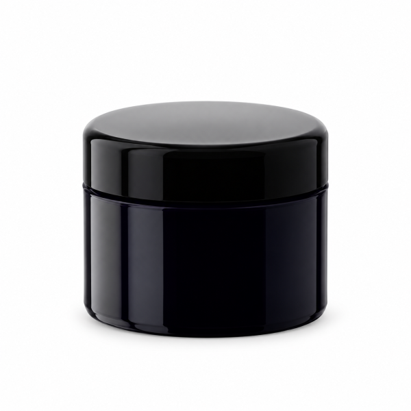 Miron violet glass cosmetic jar with black lid on white