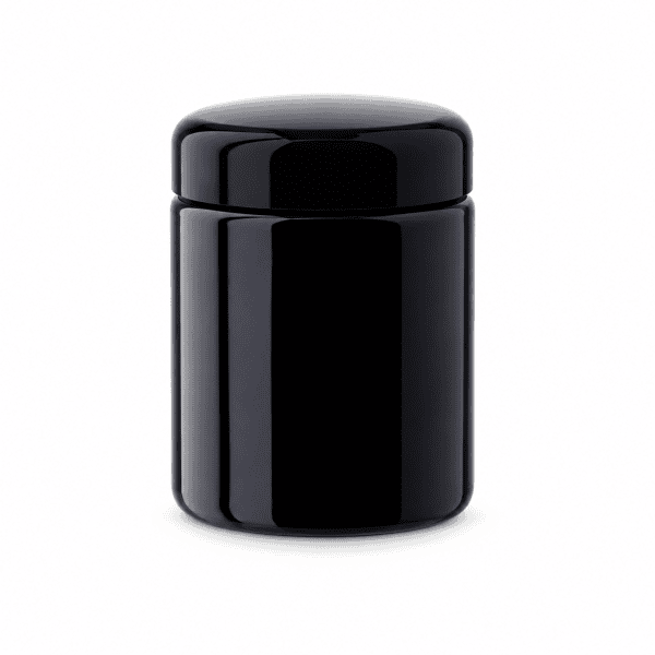 Miron violet glass wide neck jar 250ml with black lid on white