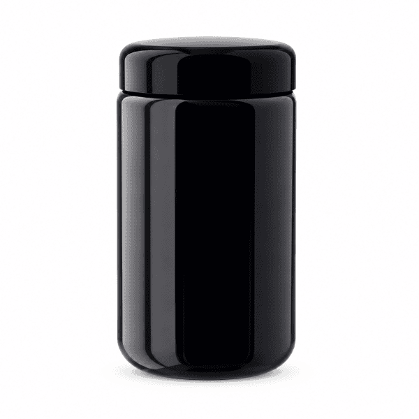 Miron violet glass wide neck jar 300ml with black lid on white